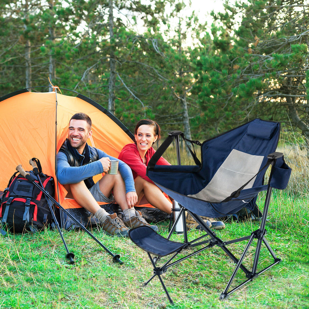Hammock Camping Chair with Retractable Footrest and Carrying Bag-Navy - Gallery View 1 of 10