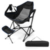Hammock camping chair in black with retractable footrest, cupholder, and carrying bag for easy transport and comfort.