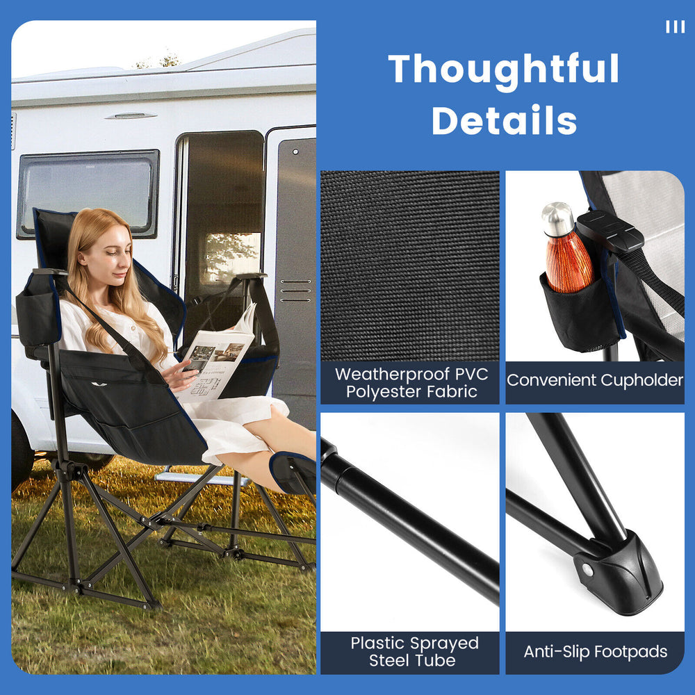 Hammock camping chair in black with adjustable angle, retractable footrest, and cupholder for outdoor comfort.