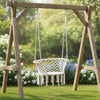 Macrame swing hanging chair in beige with sturdy frame and elegant fringe, perfect for porch or balcony relaxation.
