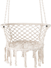 Macrame swing chair in beige with elegant fringe, sturdy metal frame, ideal for bedroom or balcony relaxation.
