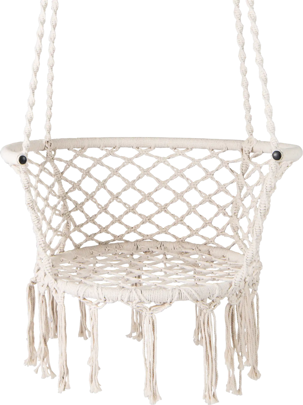 Macrame swing chair in beige with elegant fringe, sturdy metal frame, ideal for bedroom or balcony relaxation.