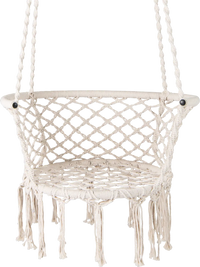 Macrame swing chair in beige with elegant fringe, sturdy metal frame, ideal for bedroom or balcony relaxation.