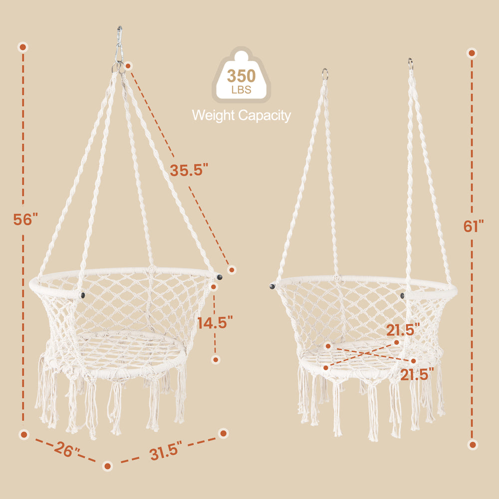 Macrame hammock chair in beige with a 350 lbs capacity, featuring a sturdy design and elegant fringe, ideal for indoor.