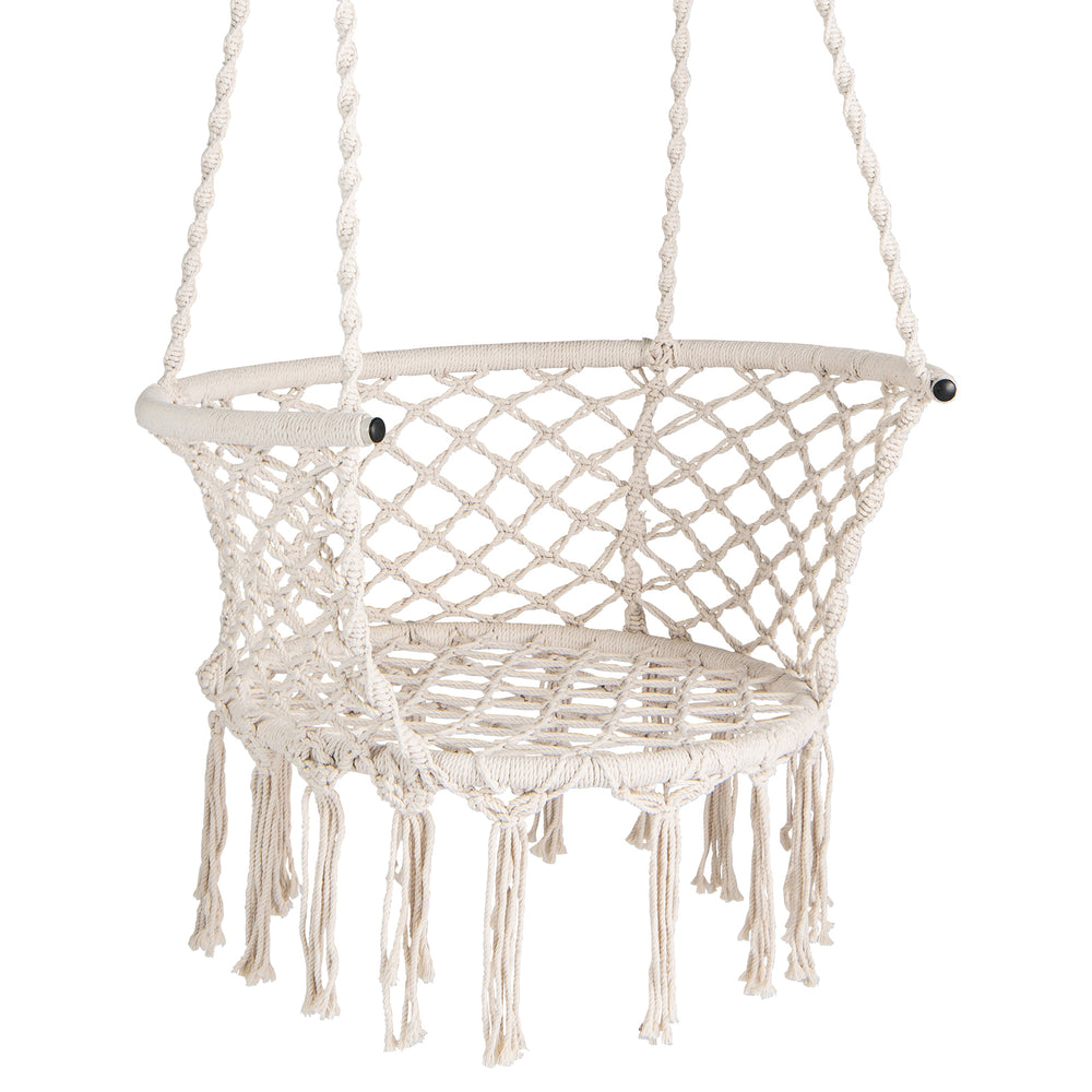 Macrame swing chair in beige with elegant fringe, made of cotton rope for comfortable indoor or outdoor relaxation.