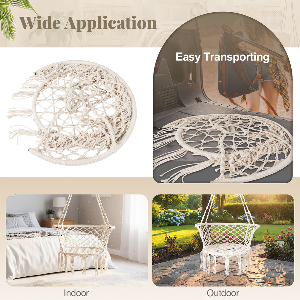 Macrame hammock chair in beige with elegant fringe, perfect for indoor or outdoor relaxation and easy transporting.