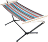 Multicolor hammock with stand, featuring breathable fabric and sturdy metal frame, ideal for patio relaxation.