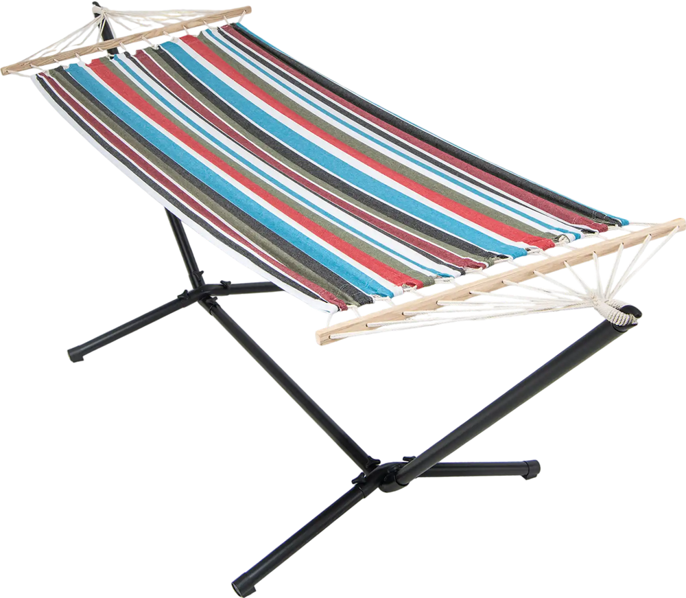 Multicolor hammock with stand, featuring breathable fabric and sturdy metal frame, ideal for patio relaxation.