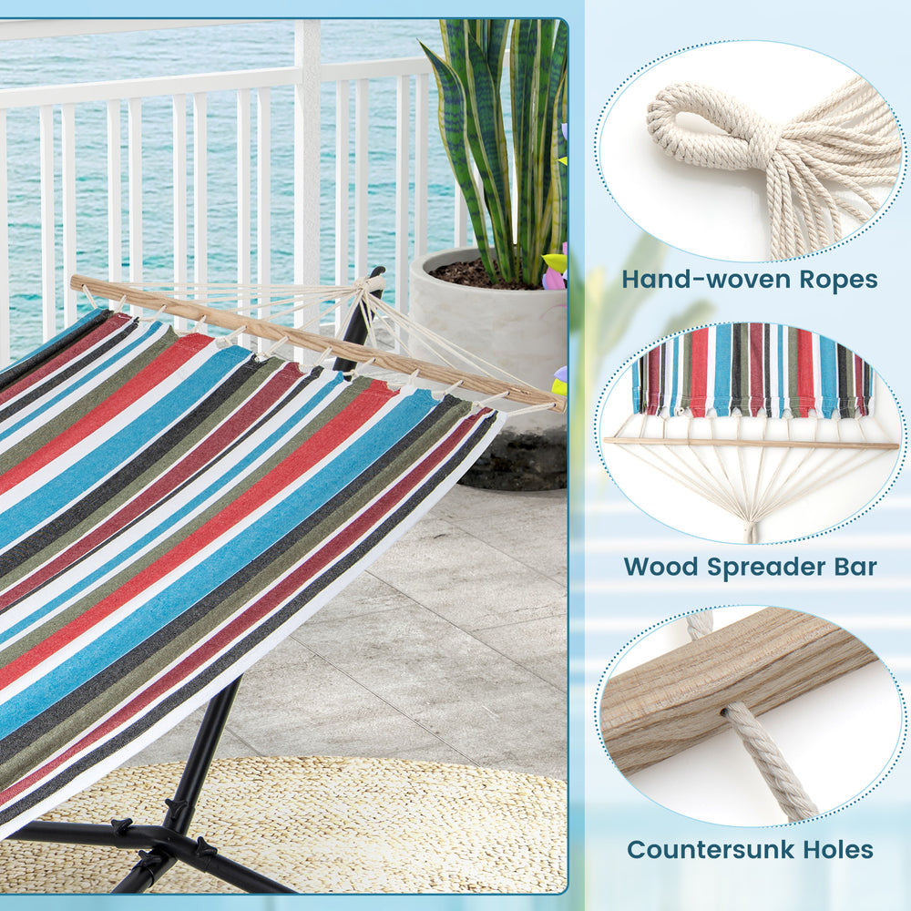 Multicolor hammock with stand featuring hand-woven ropes and wood spreader bar, perfect for garden or patio relaxation.