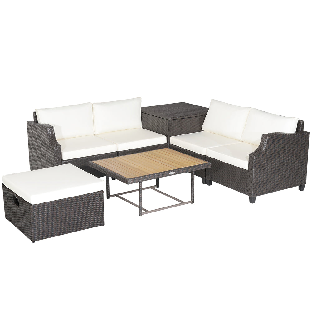 7-piece hand-woven wicker outdoor furniture set with white cushions and acacia wood coffee table for stylish patio.