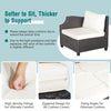 Single corner chair with soft padded cushion, made of hand-woven PE wicker, for outdoor relaxation and comfort.