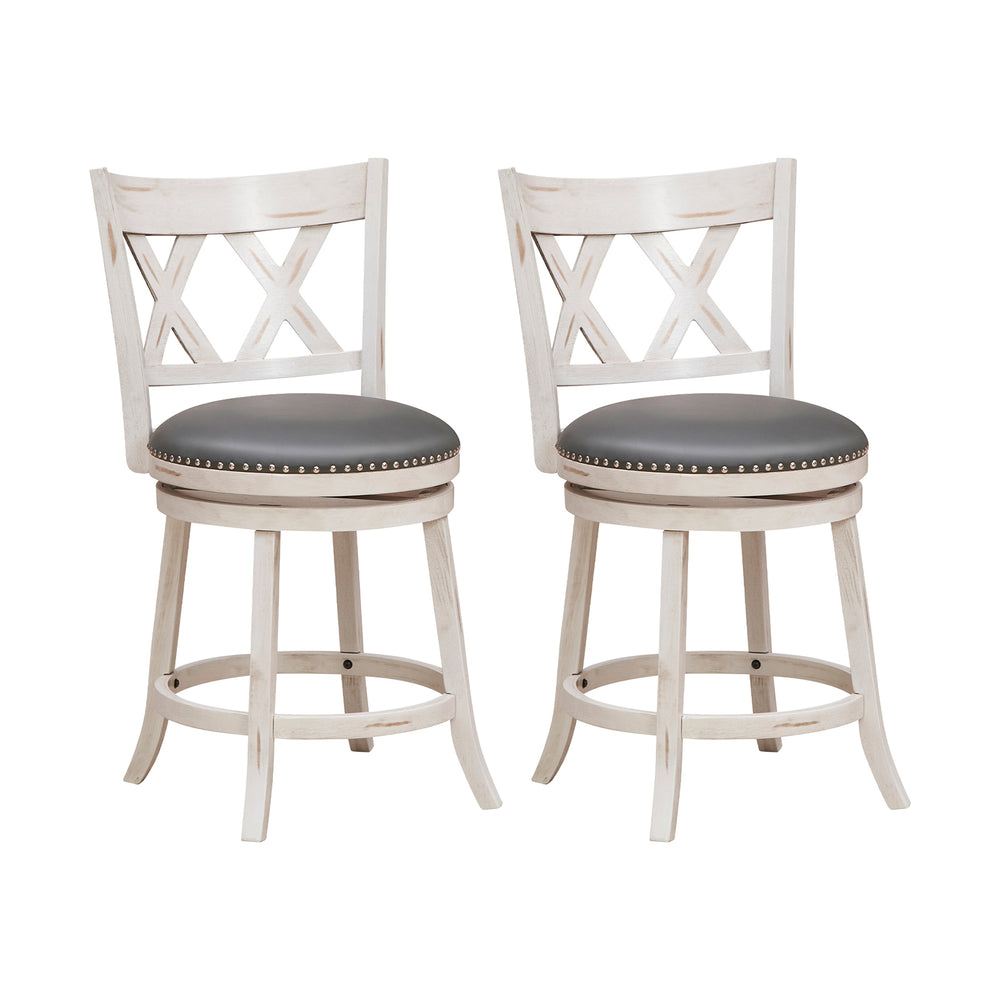 Set of 2 hand-antiqued bar stools with wider padded seats, ergonomic backrest, and durable rubber wood construction.