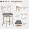 25.5-inch hand-antiqued stool set of 2 with wider padded seat, X-shaped back, and decorative rivets for rustic charm.