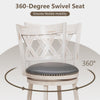 Hand-antiqued bar stool with 360-degree swivel seat and wider padded cushion for comfort in kitchen or cafe settings.