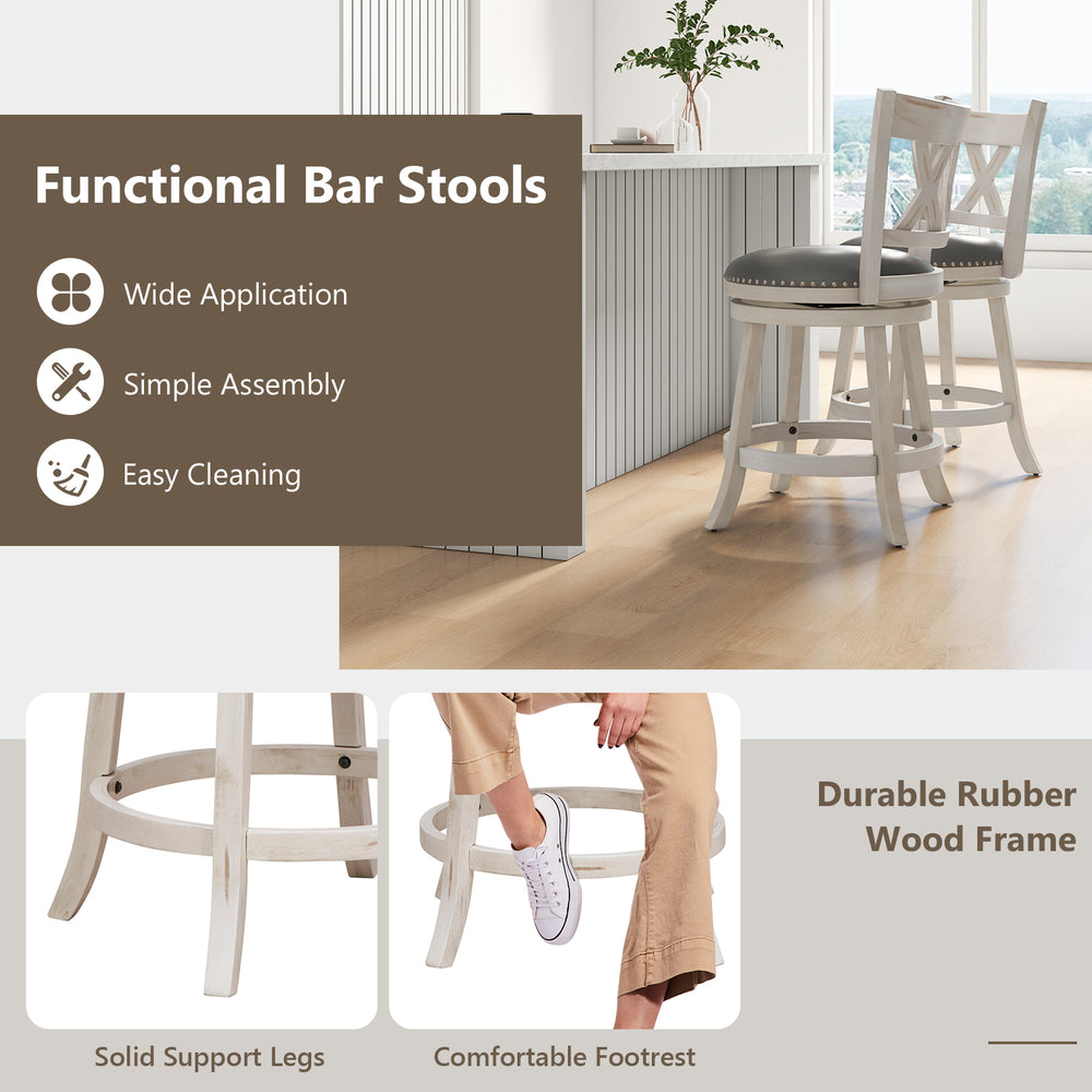 Hand-antiqued bar stool set of 2 with wider padded seat, ergonomic backrest, and durable rubber wood frame for kitchen.