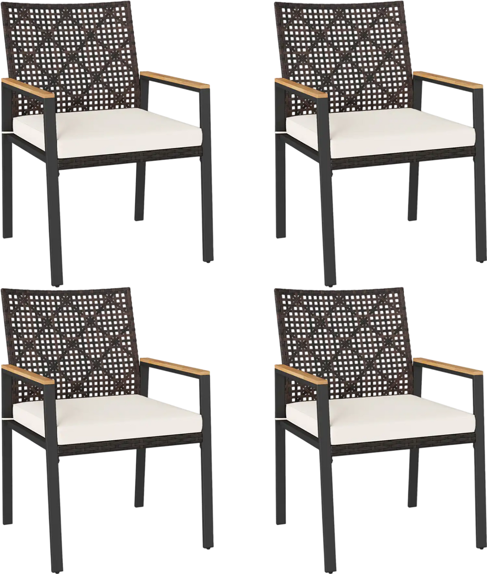 Set of 4 hand-woven PE patio dining chairs with acacia wood armrests and beige cushions for stylish outdoor seating.