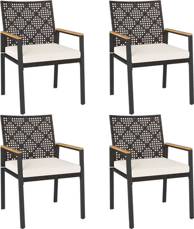 Costway Hand-Woven PE Patio Dining Chairs Set of 4 Acacia Wood Armrests 34227854 New
