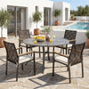 Hand-woven PE patio dining chairs set of 4 with acacia wood armrests, featuring thick cushions for outdoor comfort.