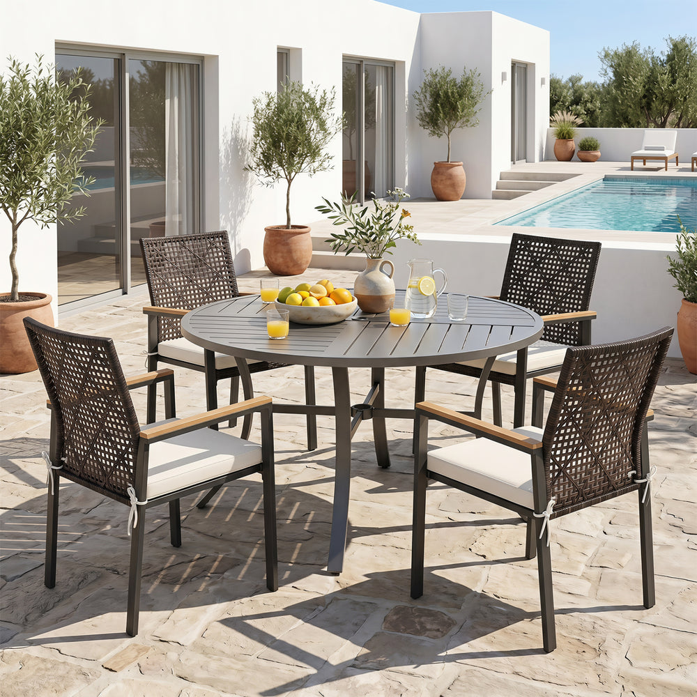 Hand-woven PE patio dining chairs set of 4 with acacia wood armrests, featuring thick cushions for outdoor comfort.