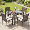 Hand-woven PE patio dining chairs set of 4 with acacia wood armrests, perfect for outdoor dining in the yard.