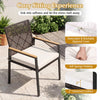 Hand-woven PE patio dining chair with acacia wood armrests and a 2" thick cushion for comfortable outdoor seating.
