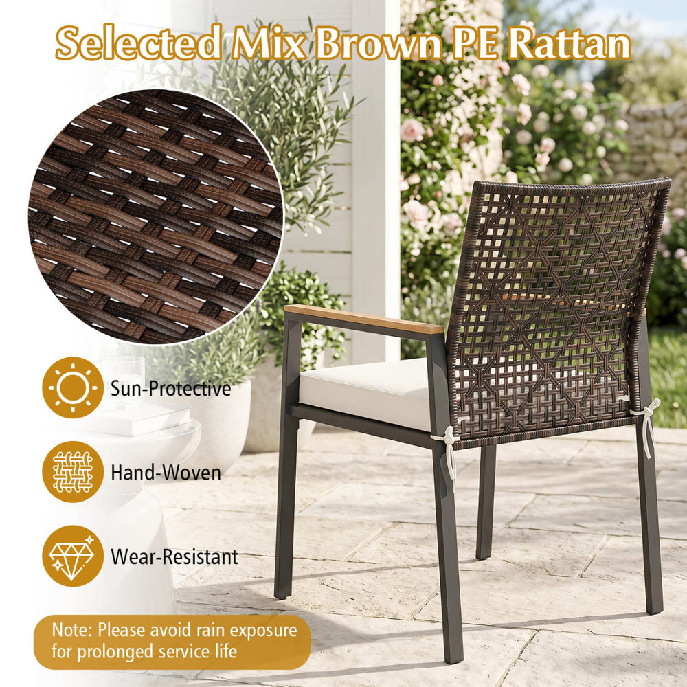 Hand-woven mix brown PE rattan patio dining chair set with acacia wood armrests, ideal for outdoor dining spaces.