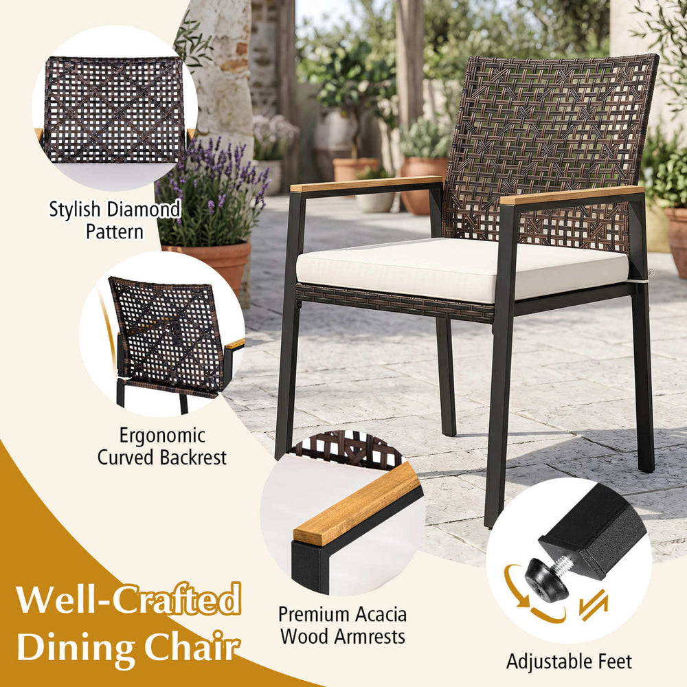 Hand-woven PE patio dining chair with acacia wood armrests and ergonomic backrest, perfect for outdoor dining.