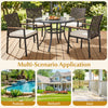 Hand-woven PE patio dining chairs set of 4 with acacia wood armrests, ideal for outdoor dining in various settings.