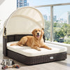 Cozy handwoven rattan pet daybed showcasing a golden retriever relaxed on soft cushions under an adjustable canopy.