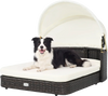 Handwoven rattan pet daybed with adjustable canopy and two detachable cushions for small and medium dogs.