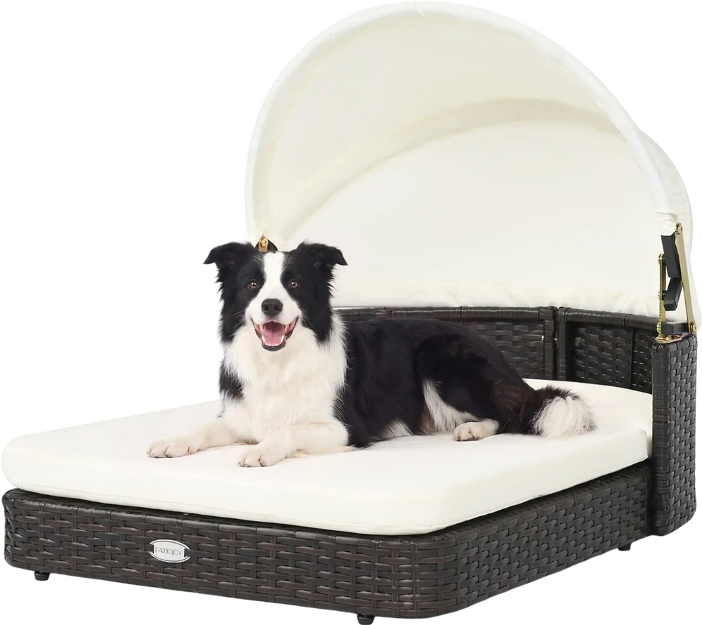 Handwoven rattan pet daybed with adjustable canopy and two detachable cushions for small and medium dogs.