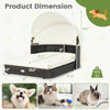 Product dimensions of the handwoven rattan pet daybed for small and medium dogs, featuring a cozy canopy and detachable cushions.