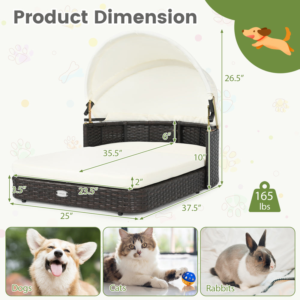 Product dimensions of the handwoven rattan pet daybed for small and medium dogs, featuring a cozy canopy and detachable cushions.