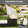 Handwoven rattan pet daybed with adjustable canopy and two detachable cushions for small and medium dogs, ideal for outdoor use.