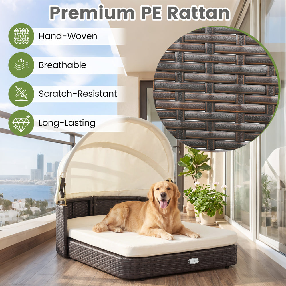 Handwoven rattan pet daybed with adjustable canopy and two soft, detachable cushions for small and medium dogs.