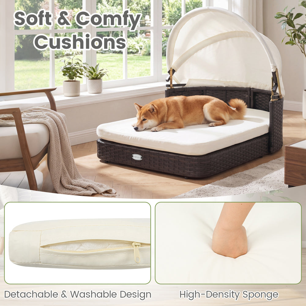Handwoven rattan pet daybed with adjustable canopy and two detachable soft cushions for small and medium dogs.