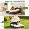 Handwoven rattan pet daybed with adjustable canopy and two detachable cushions for small and medium dogs, ideal for indoor and outdoor use.