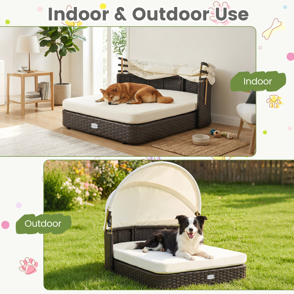 Handwoven rattan pet daybed with adjustable canopy and two detachable cushions for small and medium dogs, ideal for indoor and outdoor use.