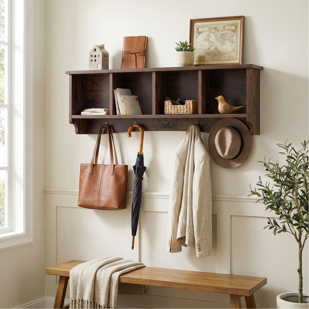 Hanging Entryway Shelf Coat Rack Wall Mounted Storage Cabinets-Brown - Gallery View 1 of 10