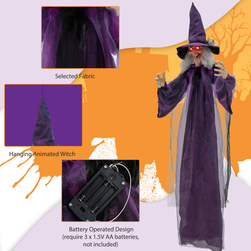 Life-size hanging animated witch with spooky face, posable arms, and glowing red eyes for Halloween decoration.