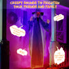 Life-size hanging witch decoration with glowing red eyes and pre-recorded phrases for indoor or outdoor Halloween.