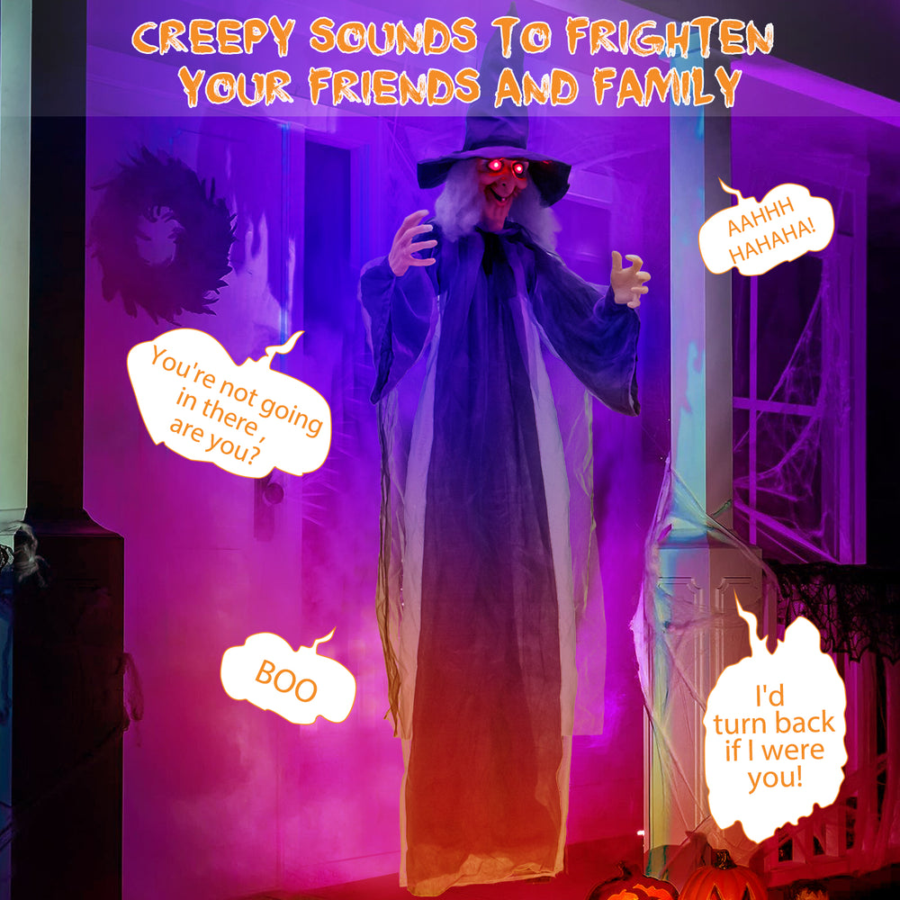 Life-size hanging witch decoration with glowing red eyes and pre-recorded phrases for indoor or outdoor Halloween.