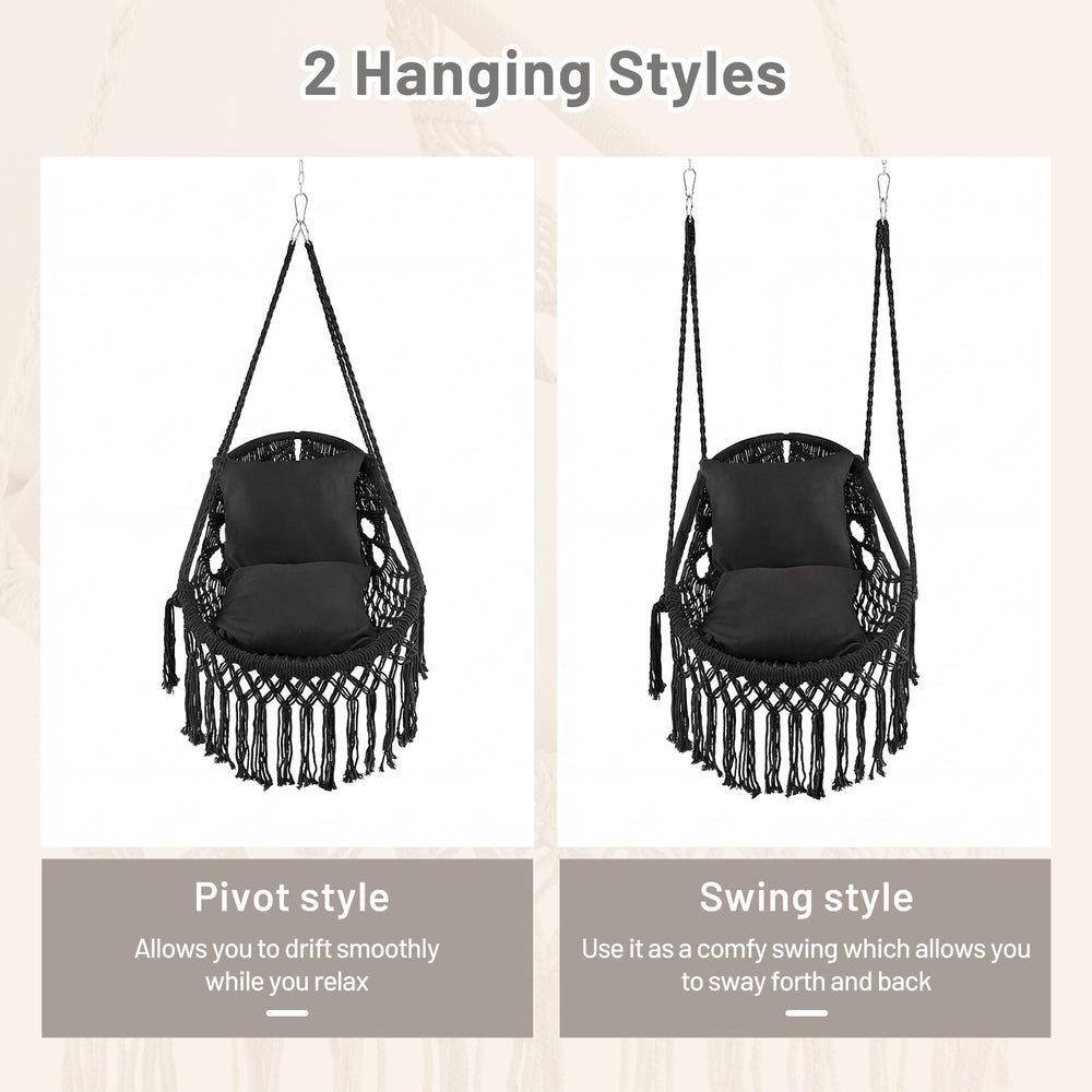 Hanging hammock chair in black with soft cushions, showcasing pivot and swing styles for versatile indoor and outdoor.