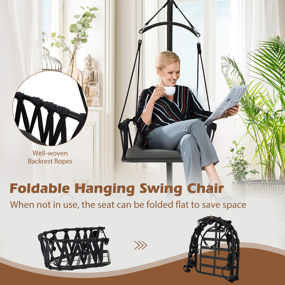 Foldable hanging swing chair with gray cushions and reinforced metal stand, perfect for indoor and outdoor relaxation.