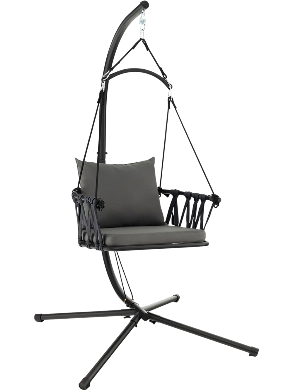 Gray hanging swing chair with reinforced metal stand and soft cushions, perfect for indoor or outdoor relaxation.