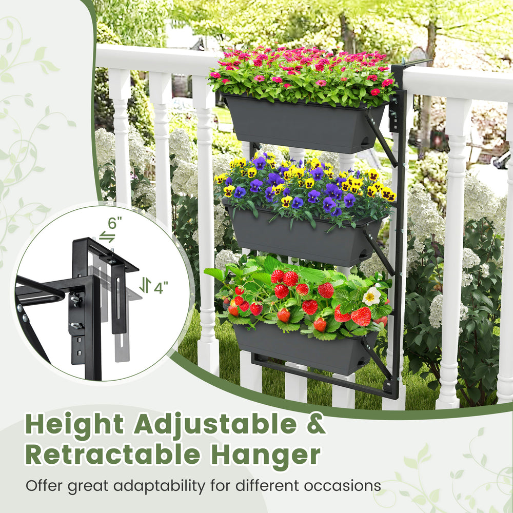 Vertical wall-mounted planter with adjustable height, featuring three detachable boxes for flowers and optimal drainage.