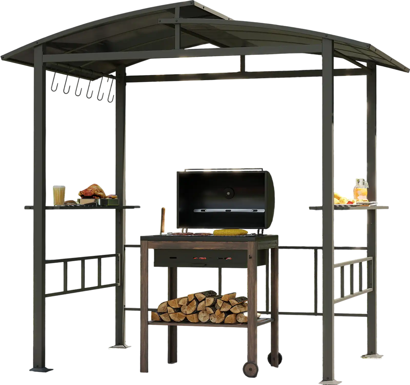 Costway Hardtop Grill Gazebo Vented Polycarbonate Roof Side Shelves Black 486129537 New
