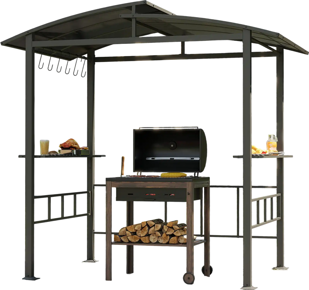 Hardtop grill gazebo with a vented polycarbonate roof and side shelves, ideal for outdoor cooking and ingredient prep.