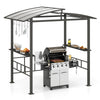 Hardtop grill gazebo with vented polycarbonate roof, side shelves, and hooks for outdoor cooking organization.