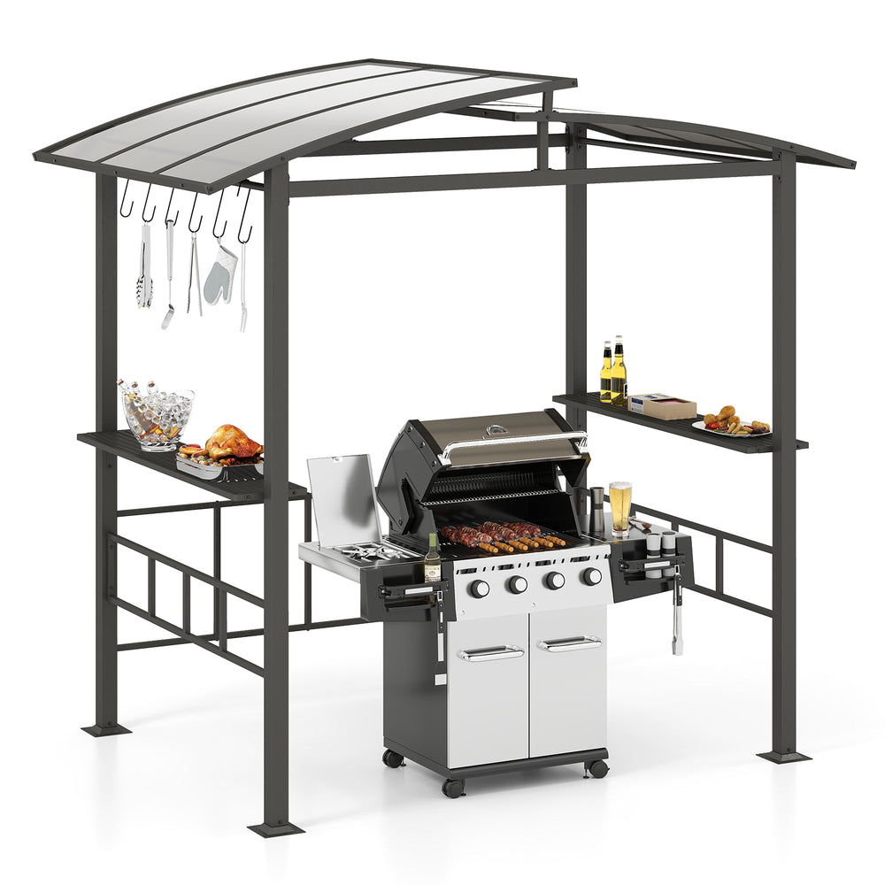 Hardtop grill gazebo with vented polycarbonate roof, side shelves, and hooks for outdoor cooking organization.